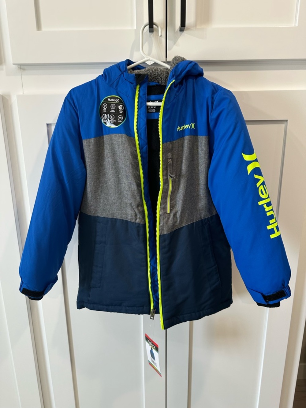 Hurley Boys' Blue Colorblock Hooded Winter Jacket Medium 10/12